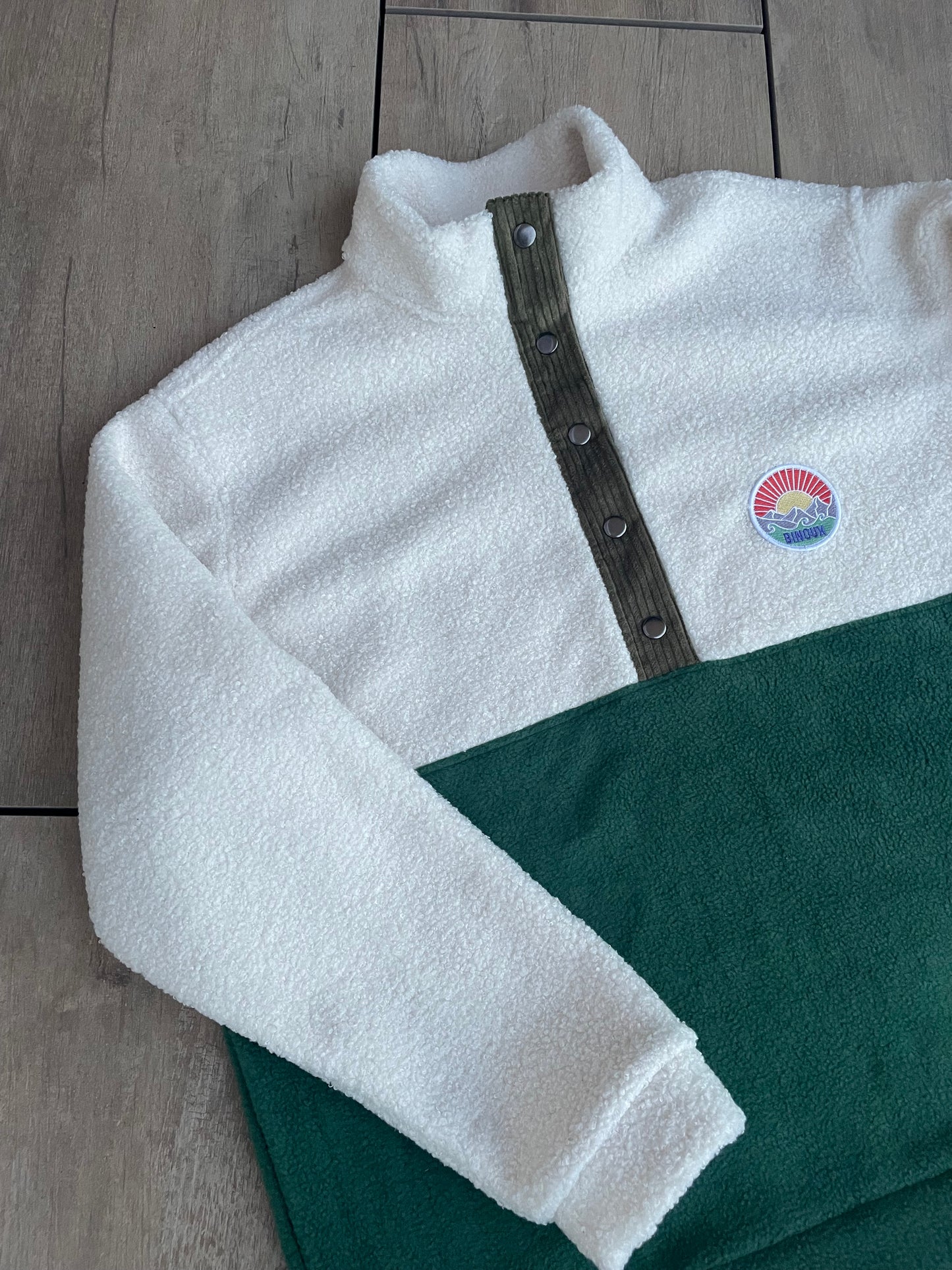 SWEAT POLAIRE BI-COLOR SHERPA ÉCRU & VERT KAKI | ADULTE