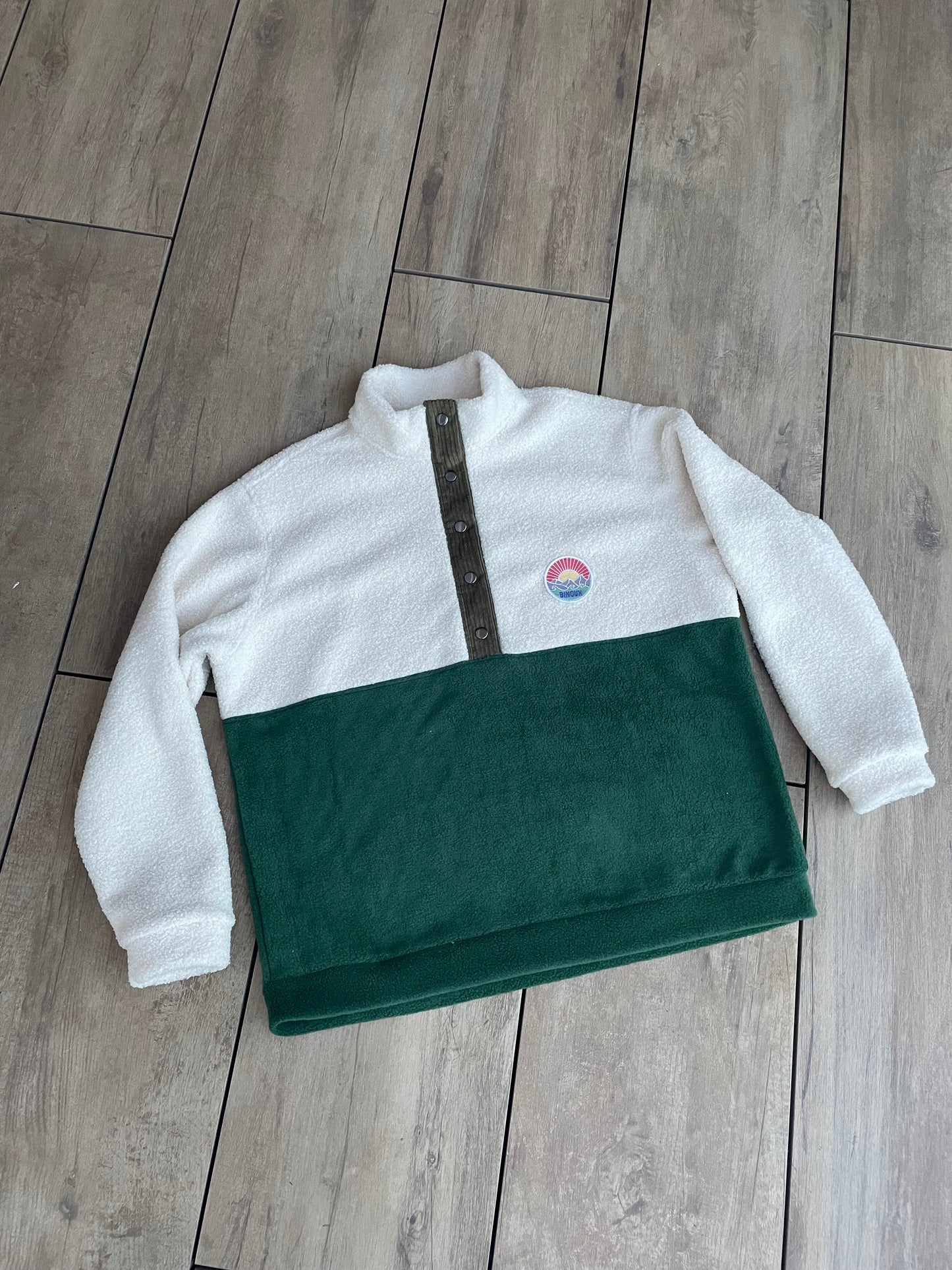 SWEAT POLAIRE BI-COLOR SHERPA ÉCRU & VERT KAKI | ADULTE