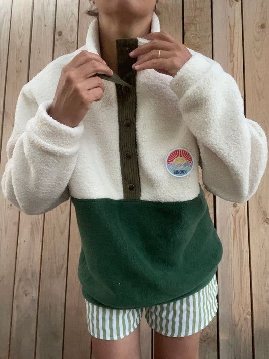 SWEAT POLAIRE BI-COLOR SHERPA ÉCRU & VERT KAKI | ADULTE