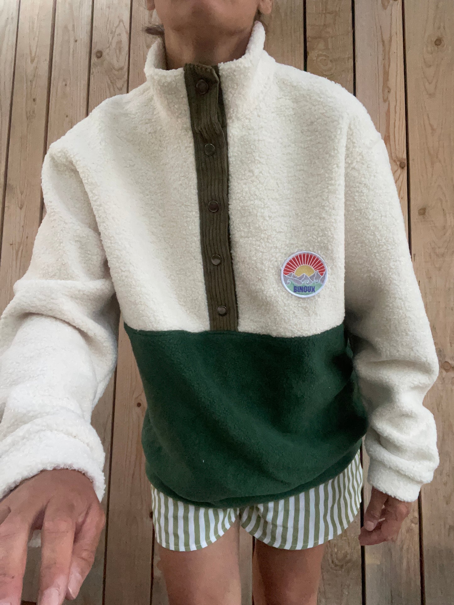 SWEAT POLAIRE BI-COLOR SHERPA ÉCRU & VERT KAKI | ADULTE