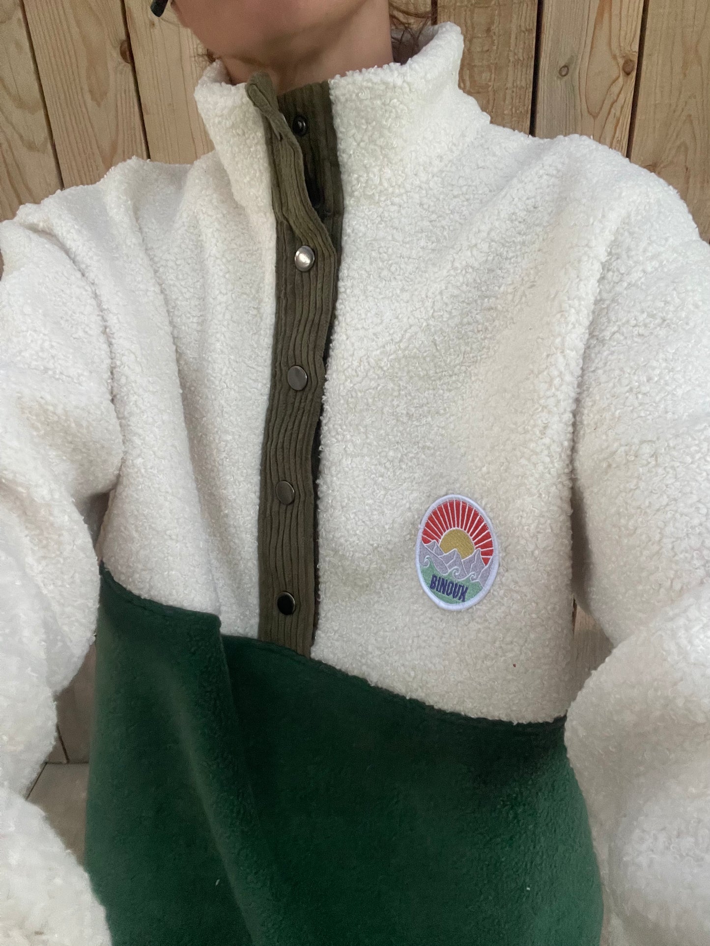 SWEAT POLAIRE BI-COLOR SHERPA ÉCRU & VERT KAKI | ADULTE