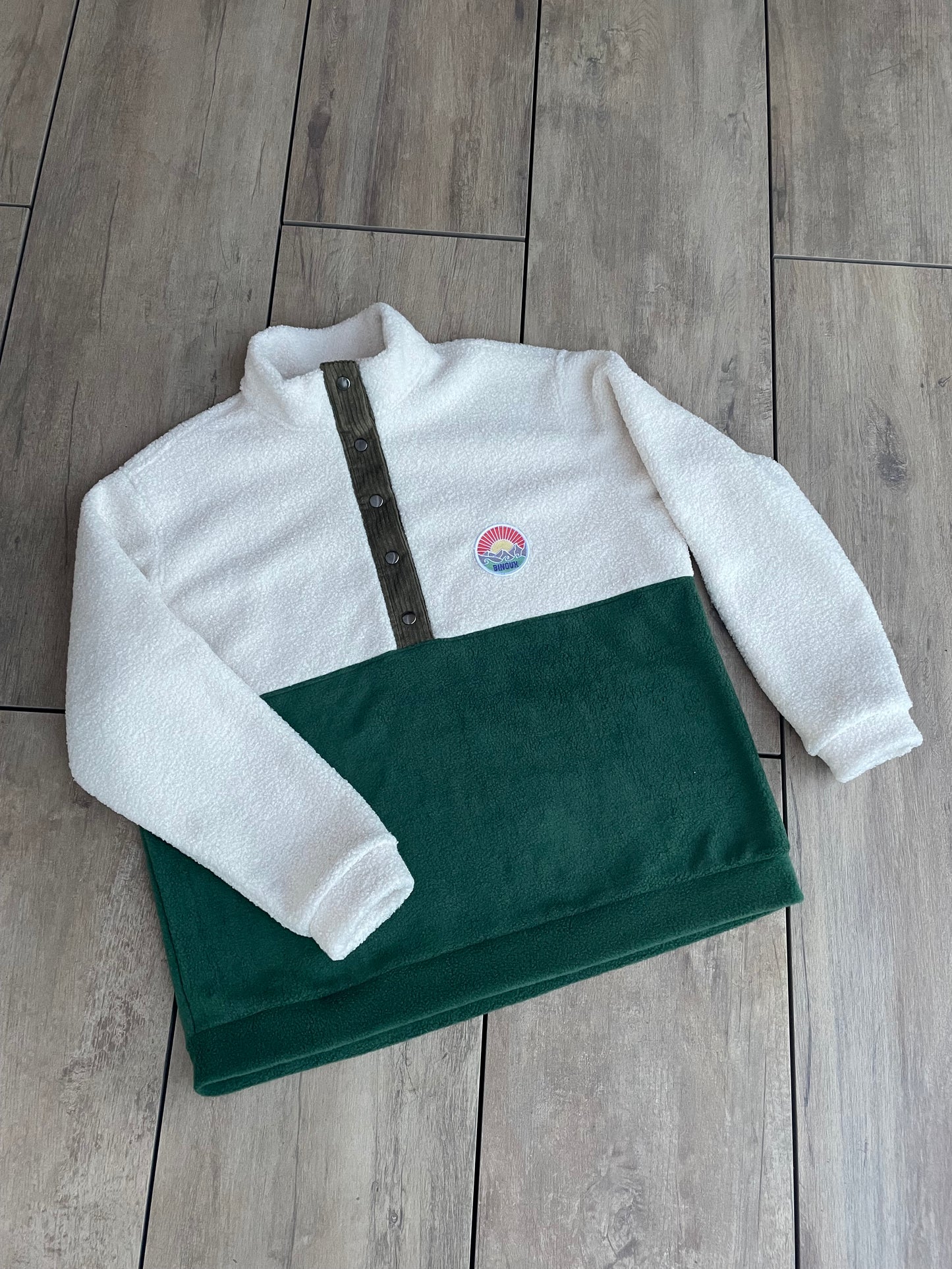 SWEAT POLAIRE BI-COLOR SHERPA ÉCRU & VERT KAKI | ADULTE